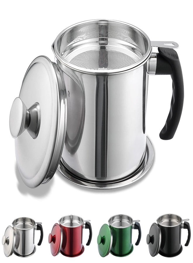 SYOSI Grease Container with Strainer, 1.4L Stainless Steel Oil Container for Storing Used Cooking Oil with Lid & Handle Suitable for Home Use (Silver) - Image 1